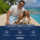 Friends in matching Men's Molar Morsels Custom Dog Face Beach Shorts — a group gift photo