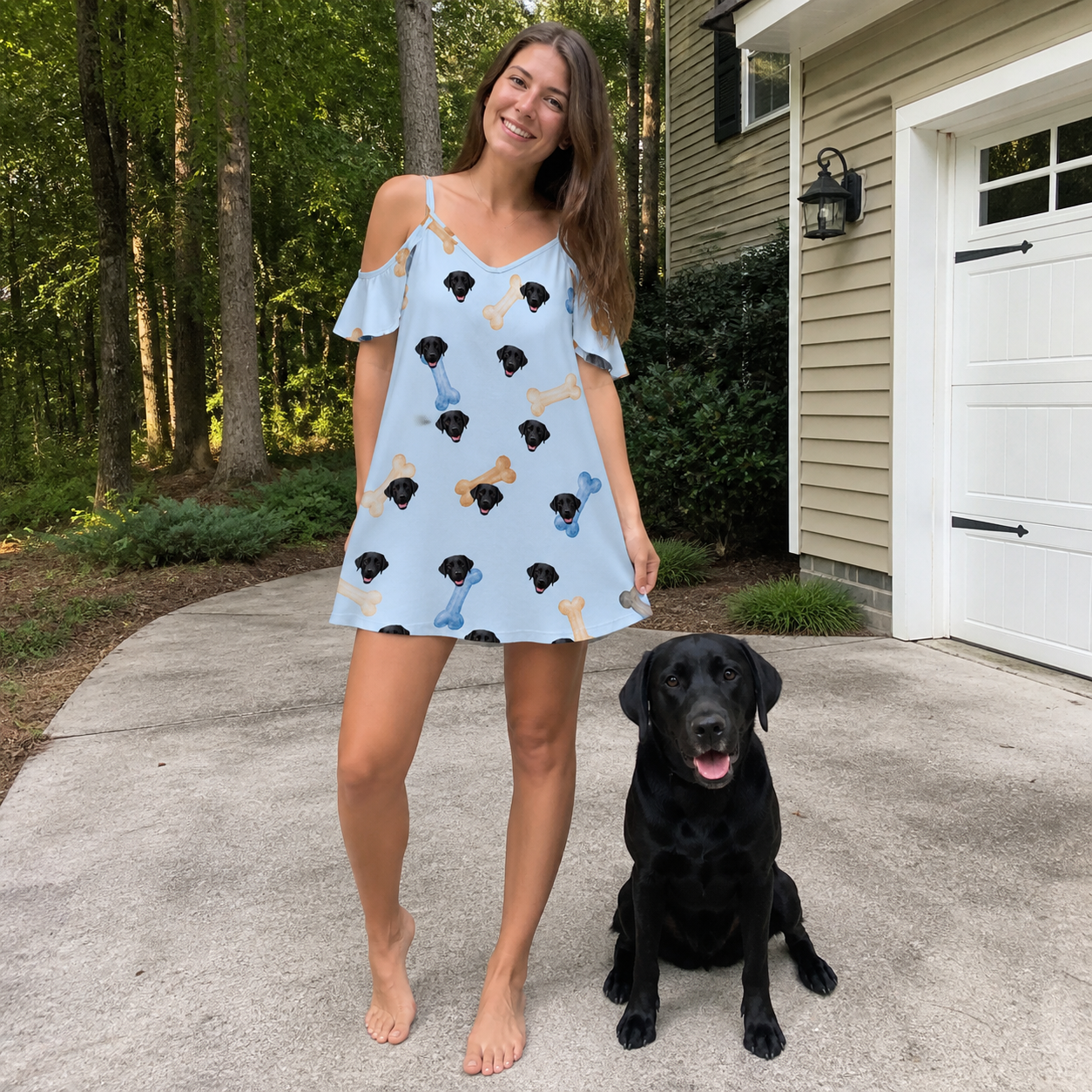 Full-length photo with the pet printed all over this Women's Molar Morsels Custom Dog Face Off-Shoulder Dress