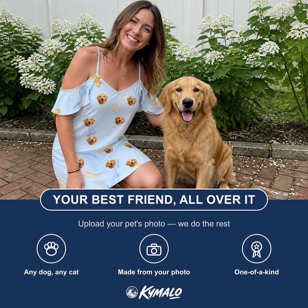 Friends in matching Women's Molar Morsels Custom Dog Face Off-Shoulder Dress — a group gift photo