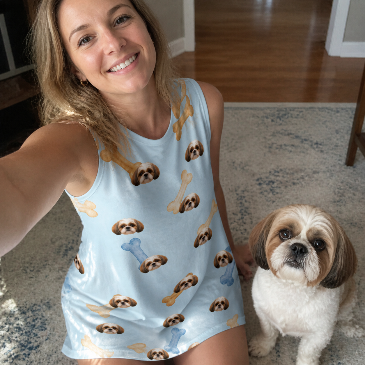 Selfie with the pet whose face is printed all over this Women's Molar Morsels Custom Dog Face Tank Dress