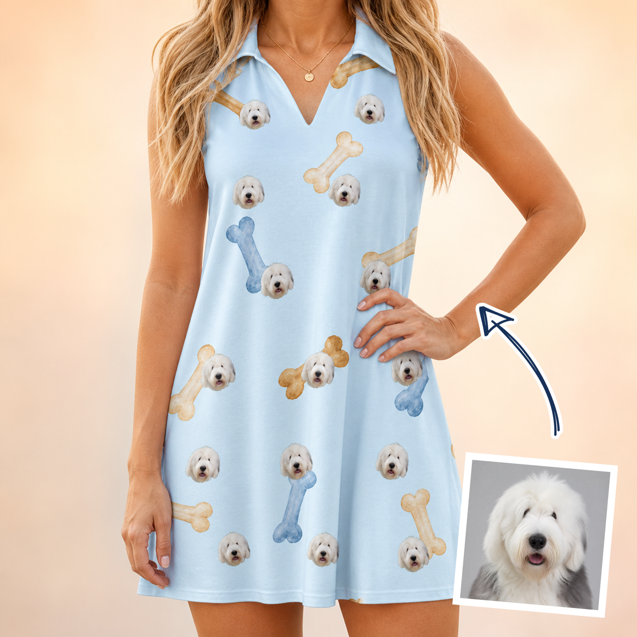 Woman wearing Women's Molar Morsels Custom Dog Face V-Neck Dress — custom faces printed all-over
