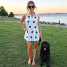 Full-length photo with the pet printed all over this Women's Molar Morsels Custom Dog Face V-Neck Dress