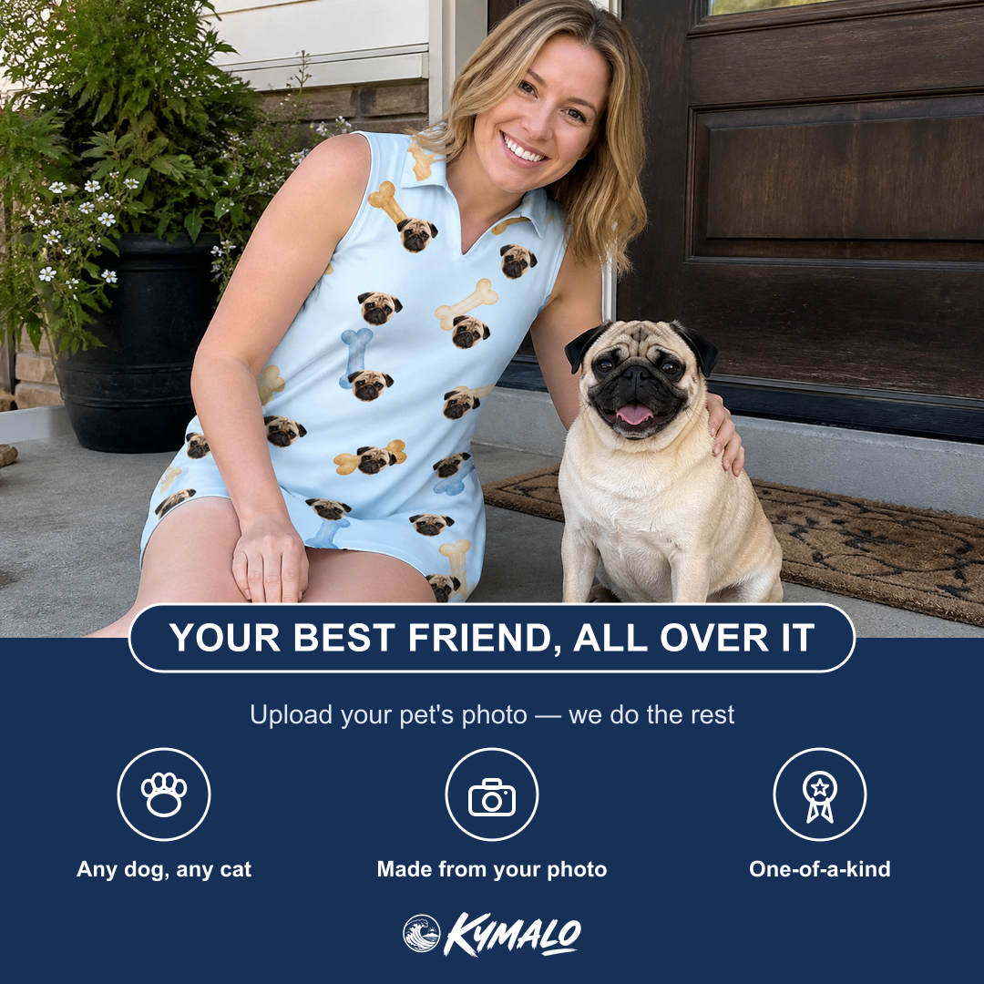Friends in matching Women's Molar Morsels Custom Dog Face V-Neck Dress — a group gift photo