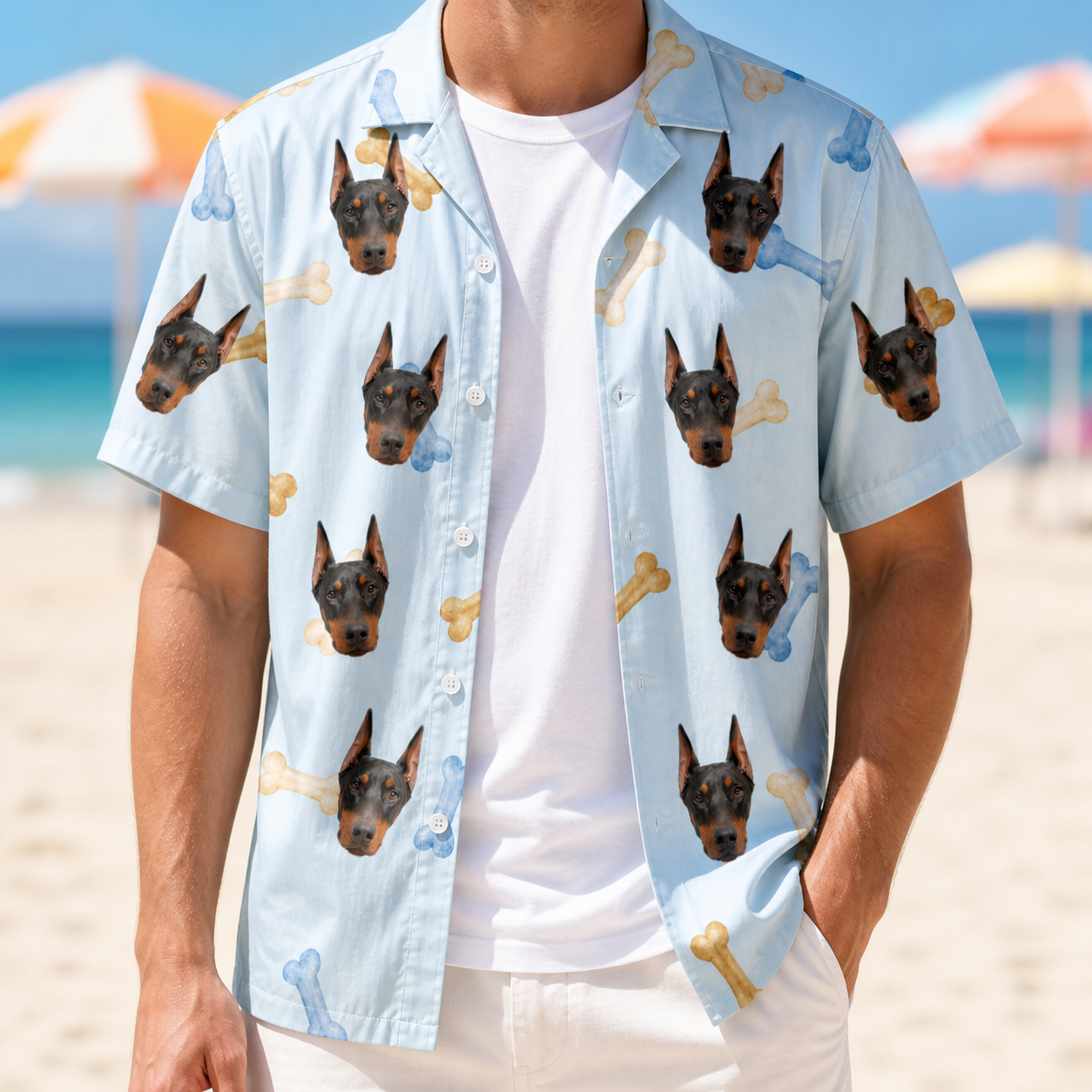 Man wearing Men's Molar Morsels Custom Dog Face Hawaiian Shirt open over a white tee