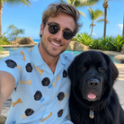 Selfie with the pet whose face is printed all over this Men's Molar Morsels Custom Dog Face Hawaiian Shirt