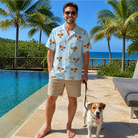 Full-length photo with the pet printed all over this Men's Molar Morsels Custom Dog Face Hawaiian Shirt