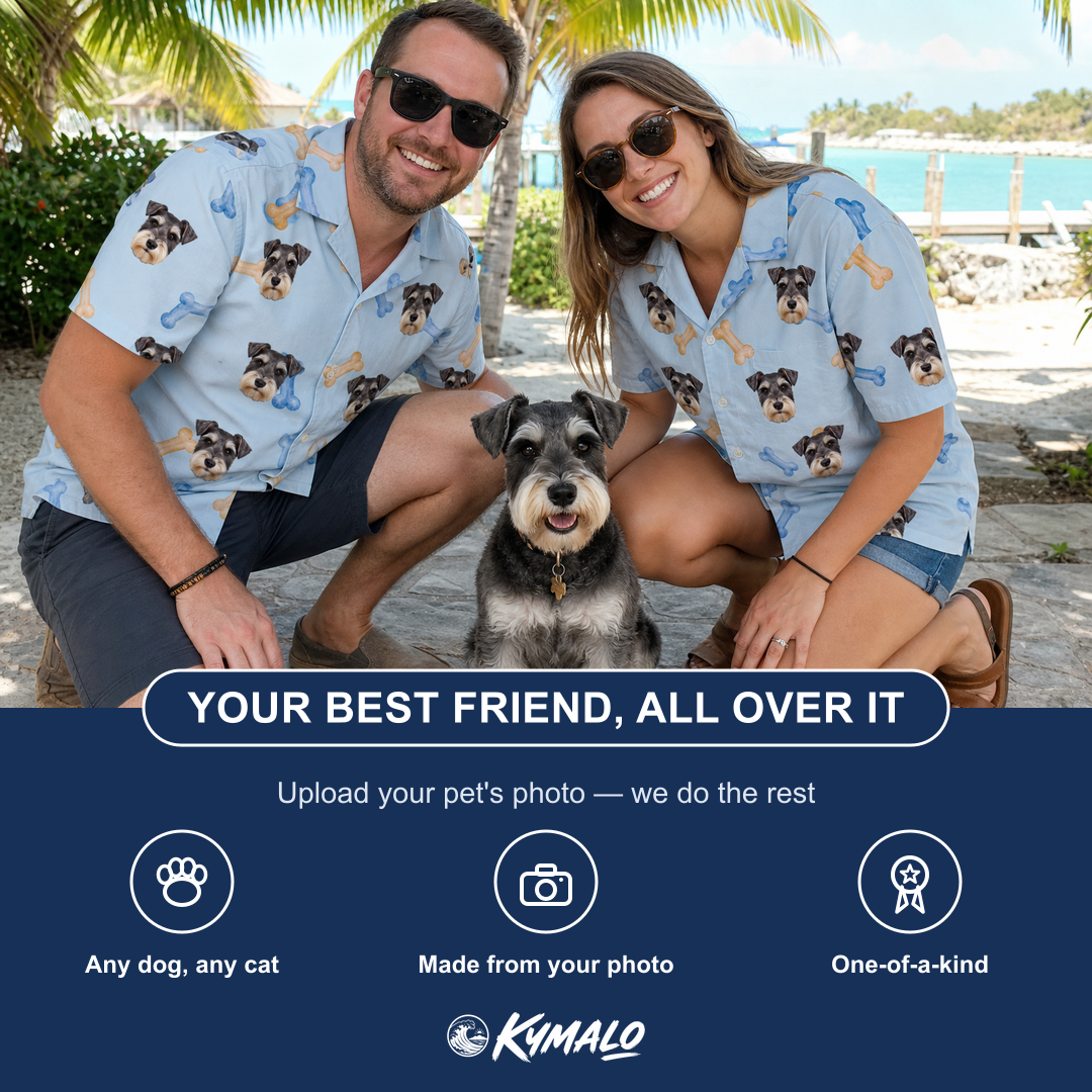 Friends in matching Men's Molar Morsels Custom Dog Face Hawaiian Shirt — a group gift photo