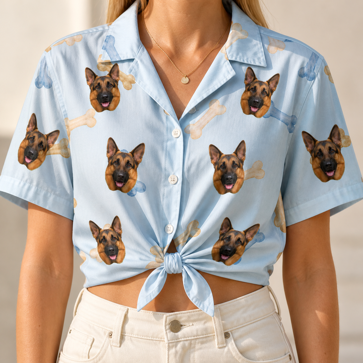 Woman wearing Women's Molar Morsels Custom Dog Face Hawaiian Shirt tied at the waist