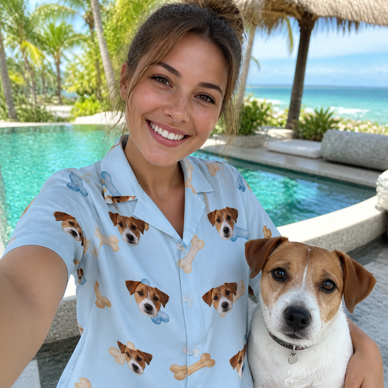 Selfie with the pet whose face is printed all over this Women's Molar Morsels Custom Dog Face Hawaiian Shirt