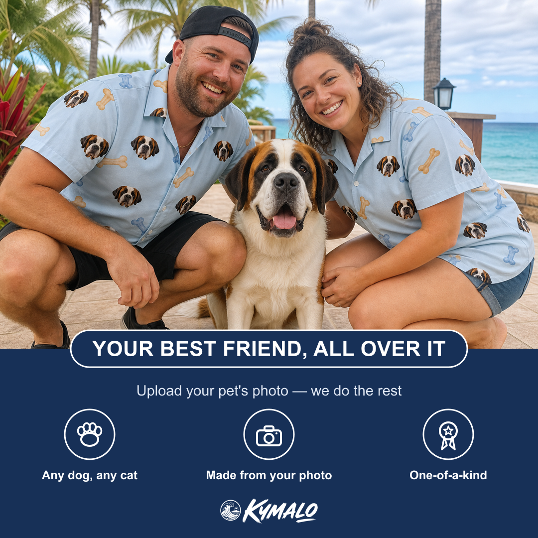 Friends in matching Women's Molar Morsels Custom Dog Face Hawaiian Shirt — a group gift photo