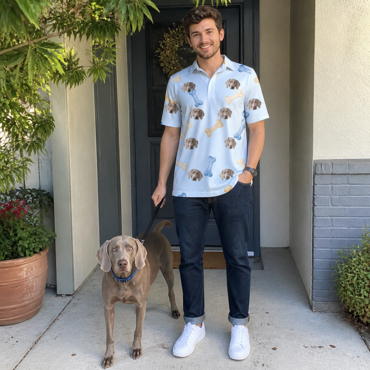 Full-length photo with the pet printed all over this Men's Molar Morsels Custom Dog Face Polo Shirt