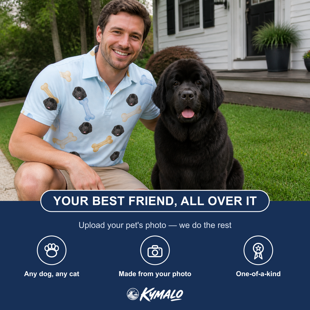Friends in matching Men's Molar Morsels Custom Dog Face Polo Shirt — a group gift photo