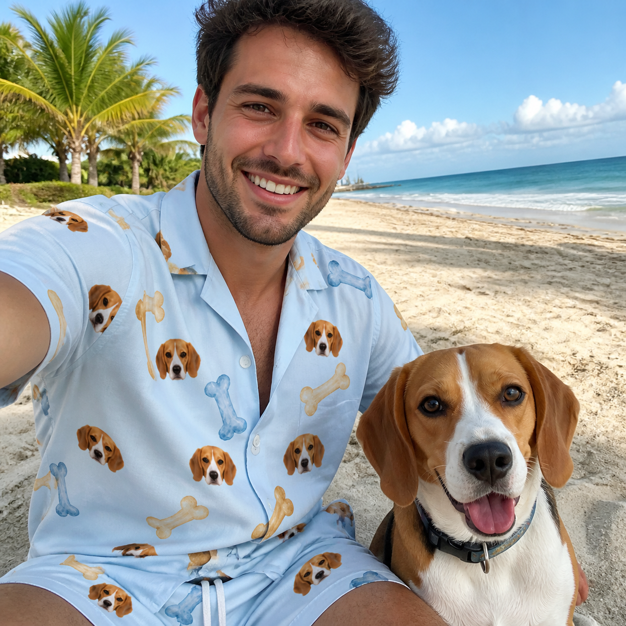 Selfie with the pet whose face is printed all over this Men's Molar Morsels Custom Dog Face Shirt & Shorts Set