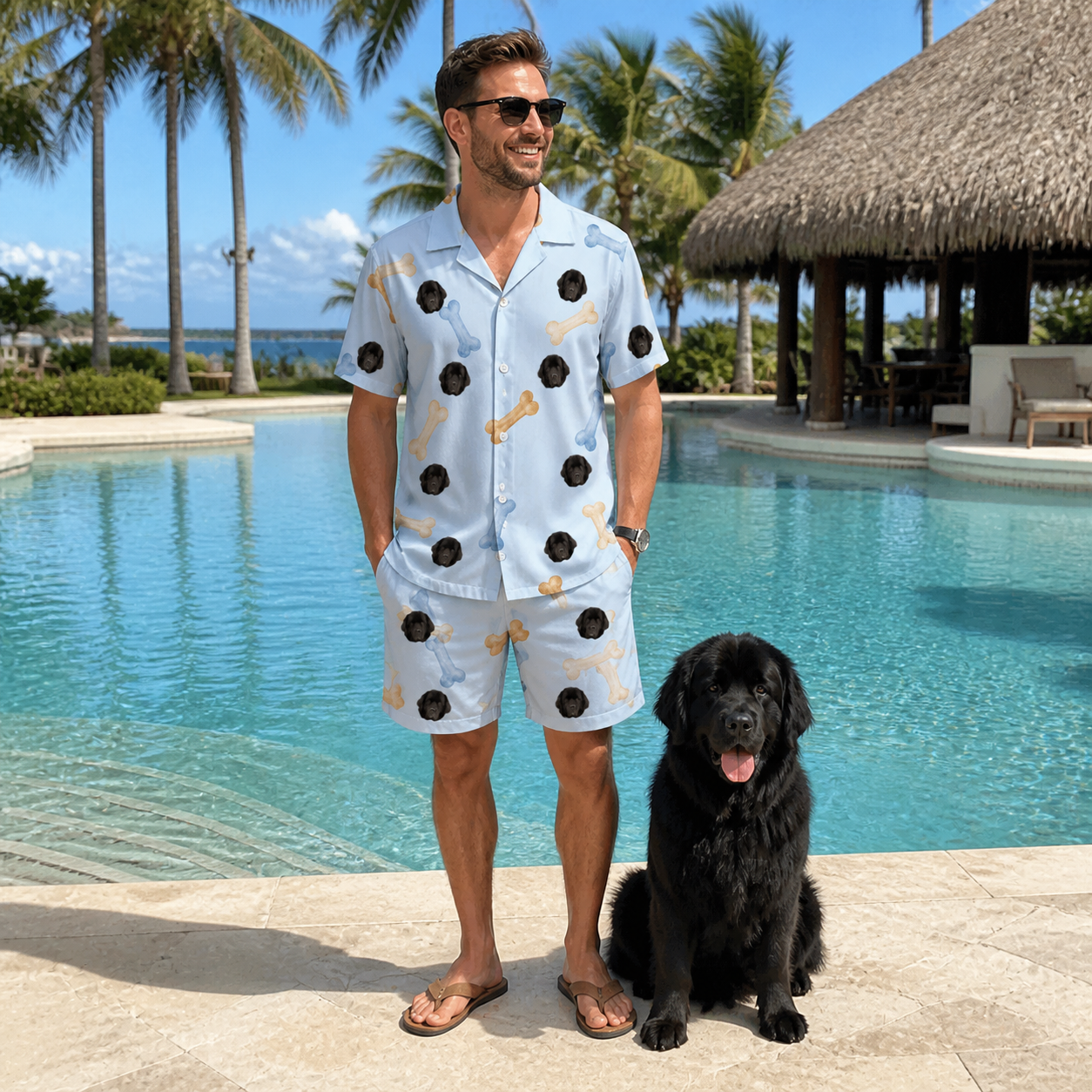 Full-length photo with the pet printed all over this Men's Molar Morsels Custom Dog Face Shirt & Shorts Set