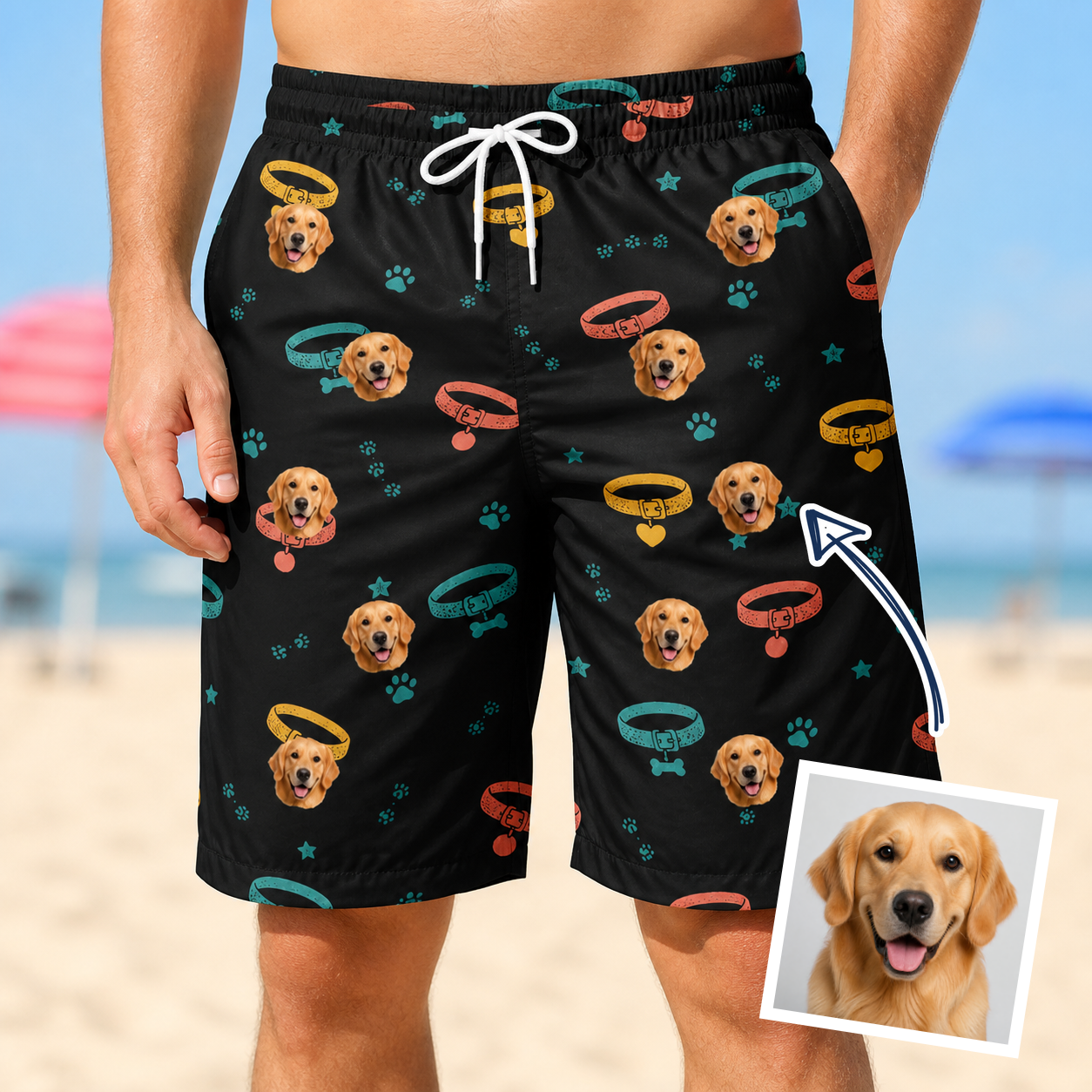 Man wearing Men's Bark Buckles Custom Dog Face Beach Shorts — custom faces printed all-over