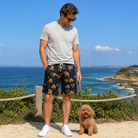 Full-length photo with the pet printed all over this Men's Bark Buckles Custom Dog Face Beach Shorts