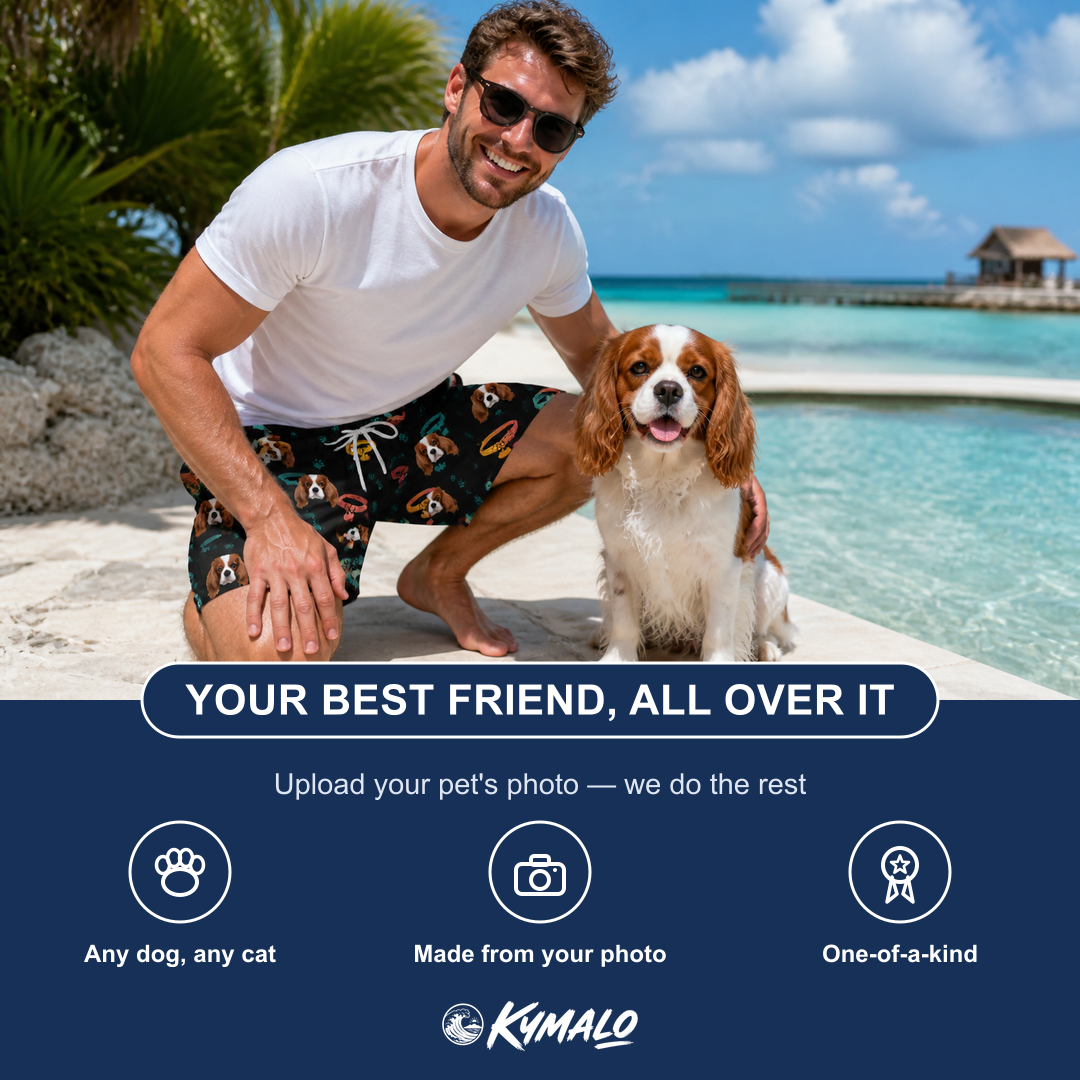 Friends in matching Men's Bark Buckles Custom Dog Face Beach Shorts — a group gift photo