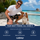 Friends in matching Men's Bark Buckles Custom Dog Face Beach Shorts — a group gift photo