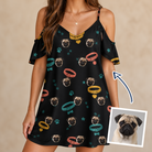Woman wearing Women's Bark Buckles Custom Dog Face Off-Shoulder Dress — custom faces printed all-over