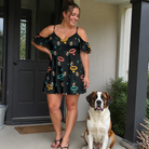 Full-length photo with the pet printed all over this Women's Bark Buckles Custom Dog Face Off-Shoulder Dress