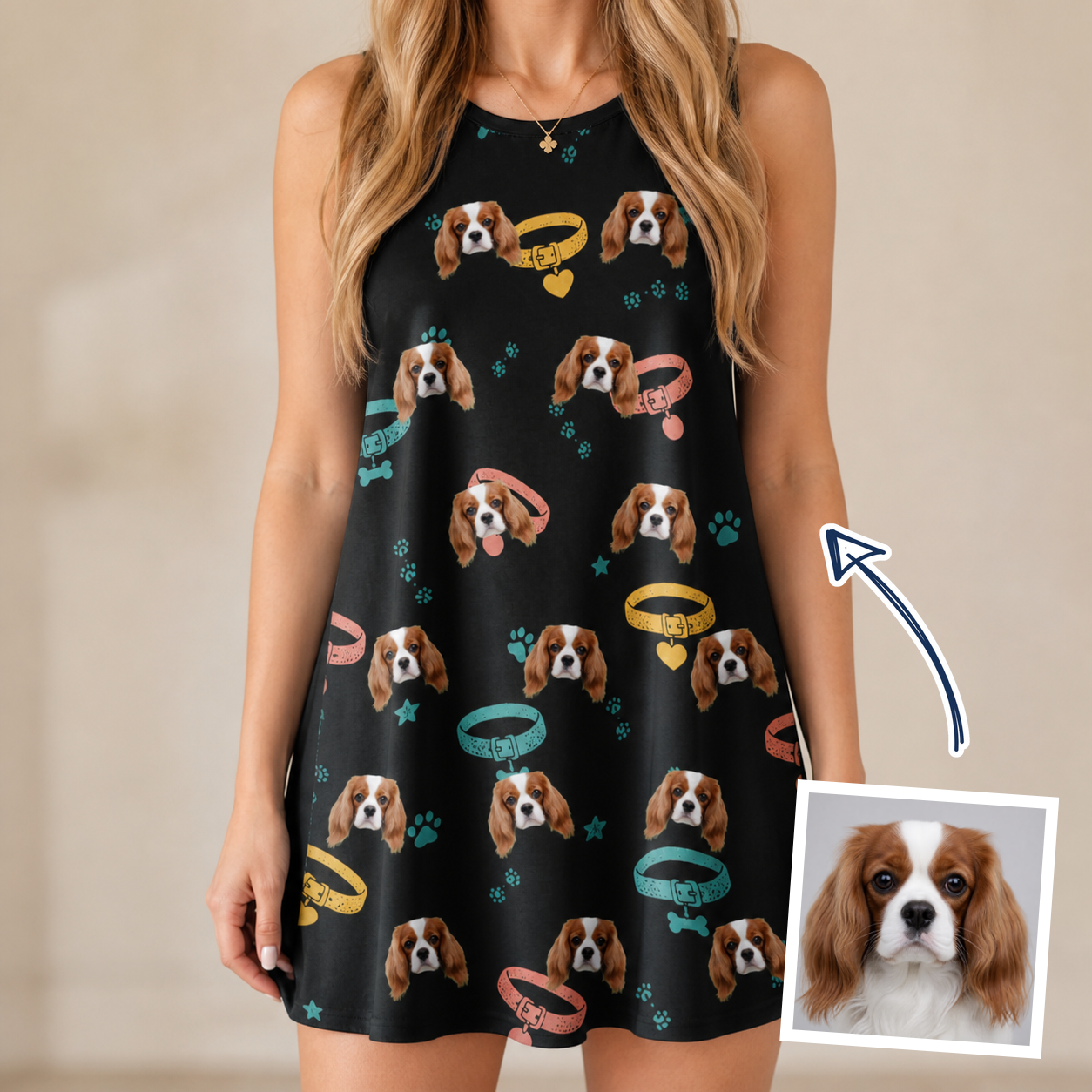 Woman wearing Women's Bark Buckles Custom Dog Face Tank Dress — custom faces printed all-over