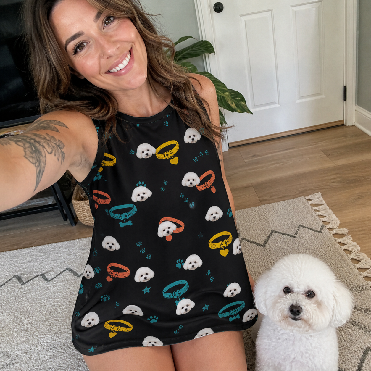 Selfie with the pet whose face is printed all over this Women's Bark Buckles Custom Dog Face Tank Dress