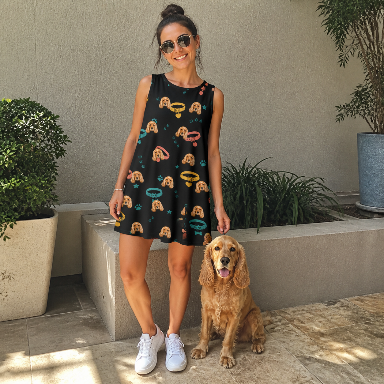 Full-length photo with the pet printed all over this Women's Bark Buckles Custom Dog Face Tank Dress