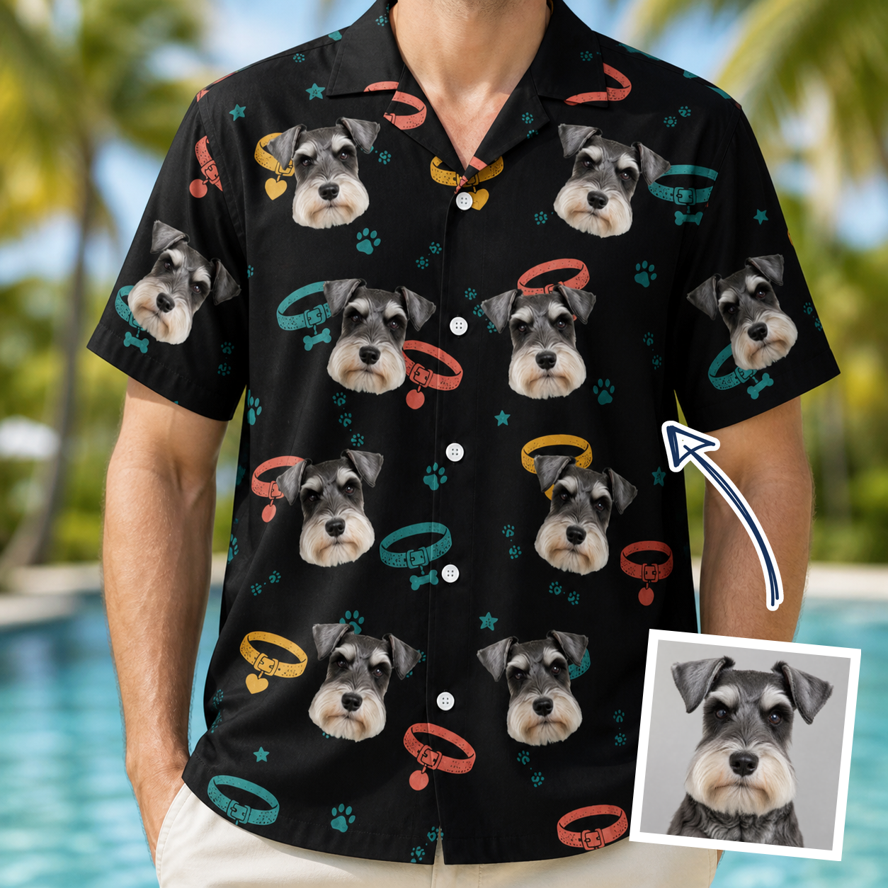 Man wearing Men's Bark Buckles Custom Dog Face Hawaiian Shirt — custom faces printed all-over