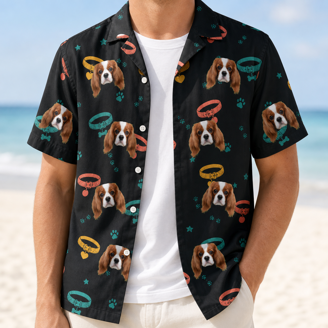 Man wearing Men's Bark Buckles Custom Dog Face Hawaiian Shirt open over a white tee