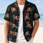 Man wearing Men's Bark Buckles Custom Dog Face Hawaiian Shirt open over a white tee