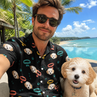 Selfie with the pet whose face is printed all over this Men's Bark Buckles Custom Dog Face Hawaiian Shirt
