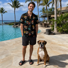 Full-length photo with the pet printed all over this Men's Bark Buckles Custom Dog Face Hawaiian Shirt