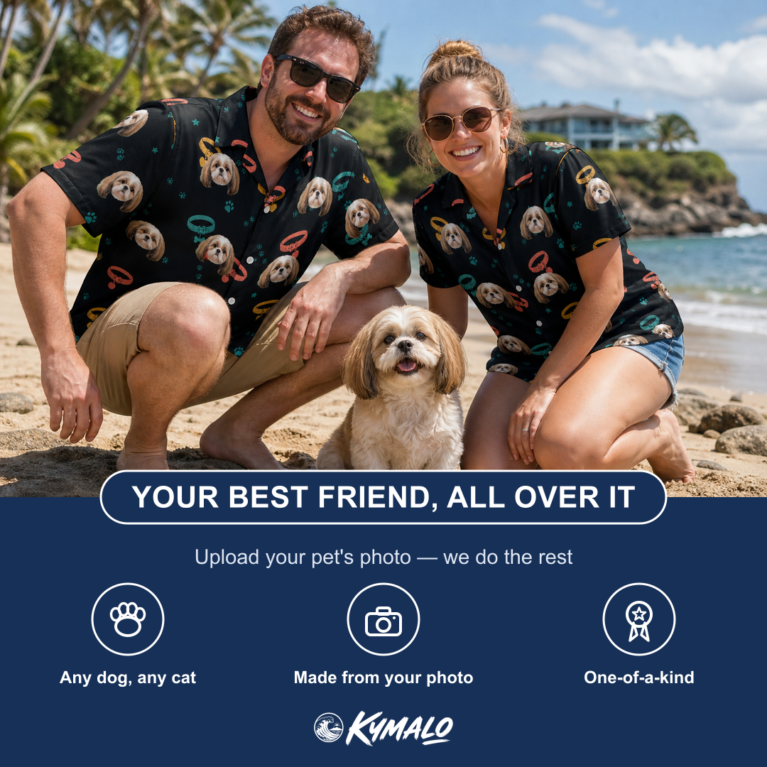 Friends in matching Men's Bark Buckles Custom Dog Face Hawaiian Shirt — a group gift photo