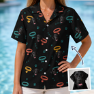 Woman wearing Women's Bark Buckles Custom Dog Face Hawaiian Shirt — custom faces printed all-over