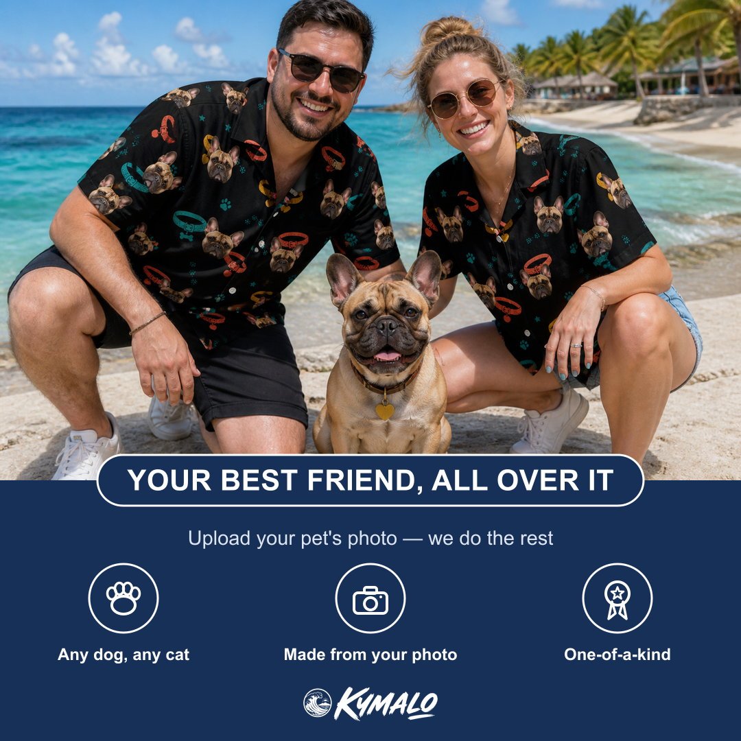 Friends in matching Women's Bark Buckles Custom Dog Face Hawaiian Shirt — a group gift photo