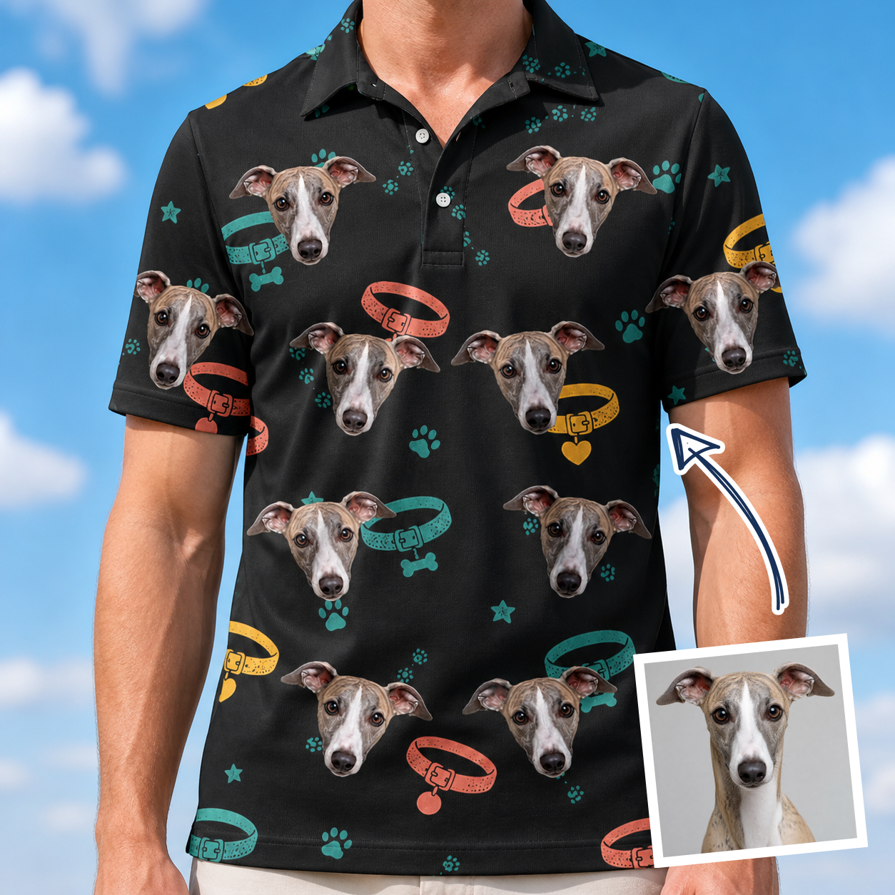 Man wearing Men's Bark Buckles Custom Dog Face Polo Shirt — custom faces printed all-over