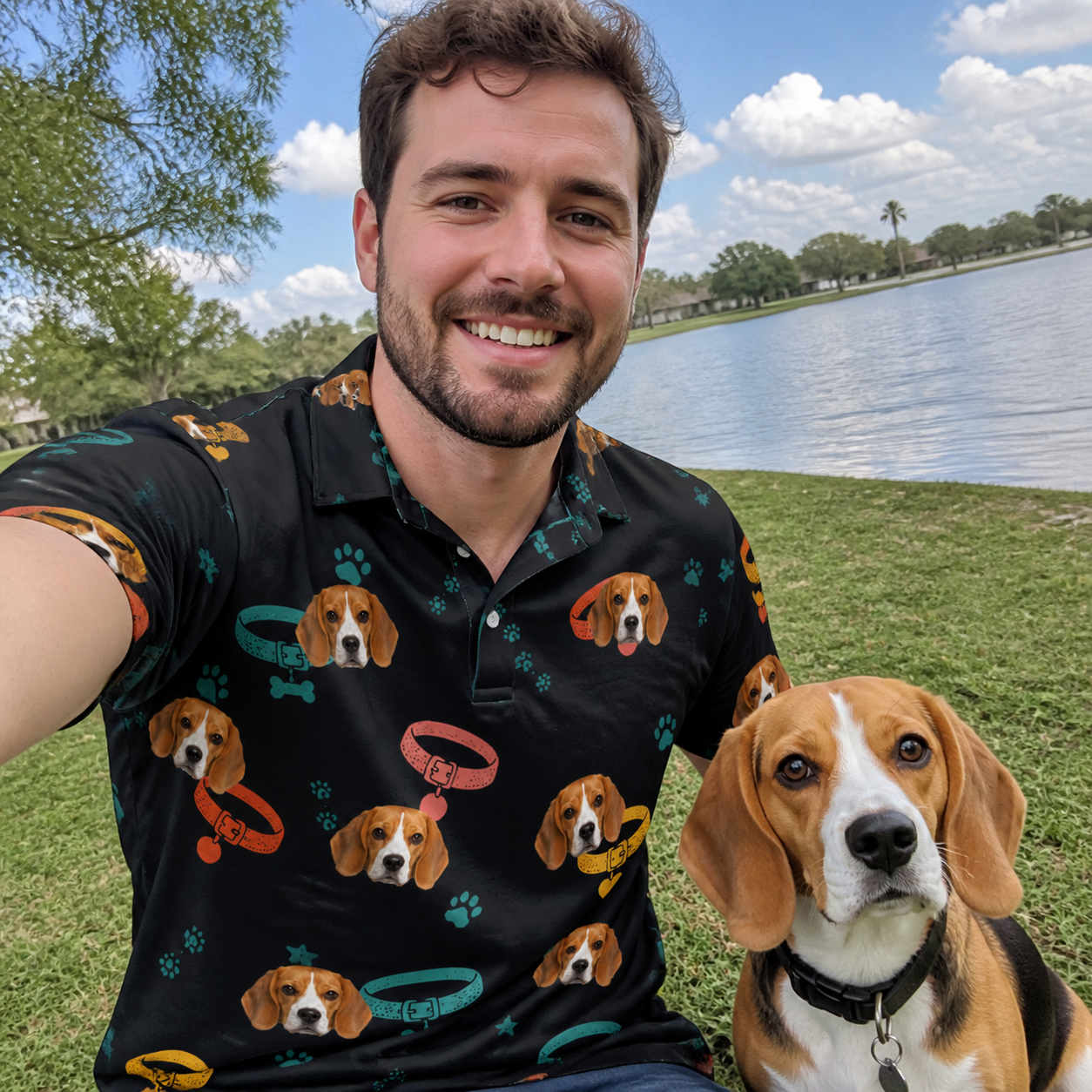 Selfie with the pet whose face is printed all over this Men's Bark Buckles Custom Dog Face Polo Shirt