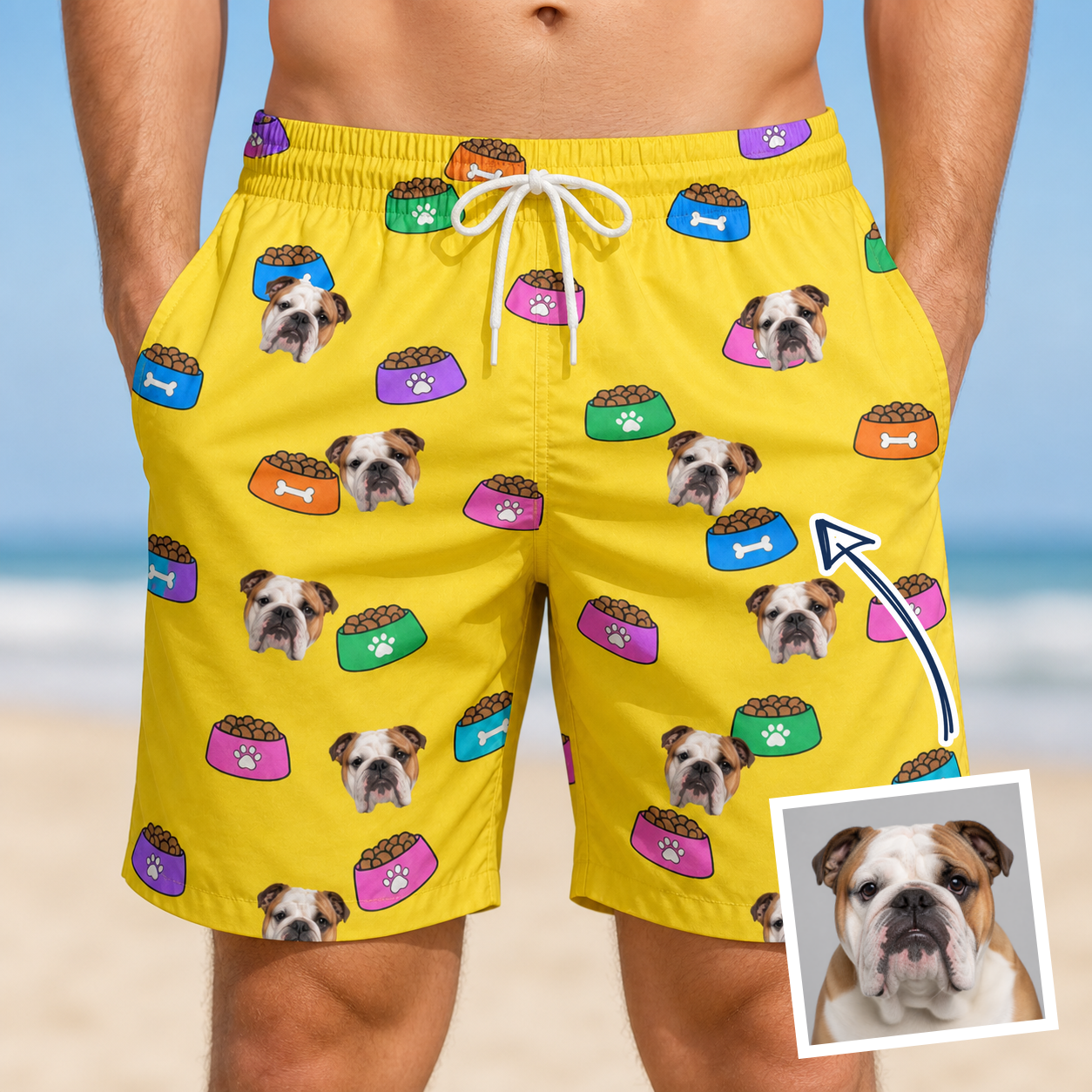 Man wearing Men's Chow Hounds Custom Dog Face Beach Shorts — custom faces printed all-over