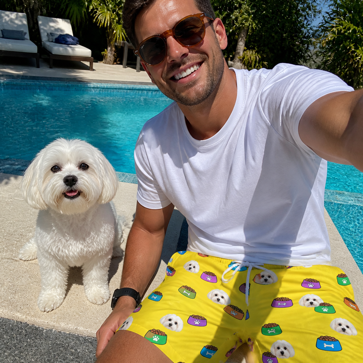Selfie with the pet whose face is printed all over this Men's Chow Hounds Custom Dog Face Beach Shorts