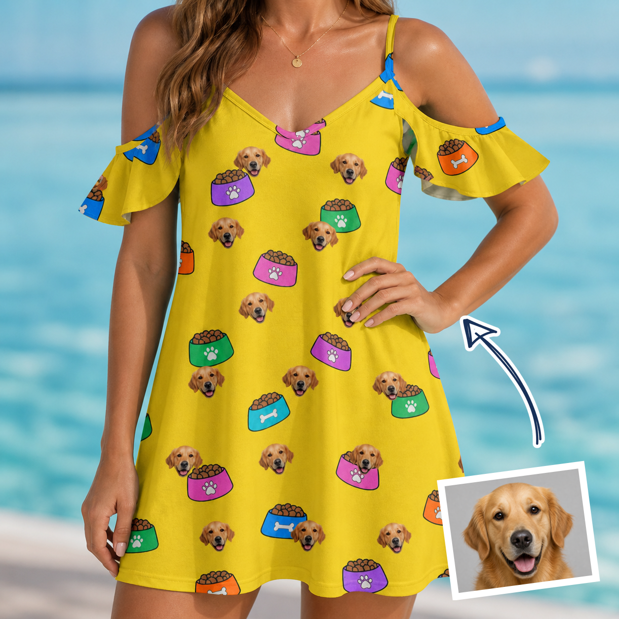 Woman wearing Women's Chow Hounds Custom Dog Face Off-Shoulder Dress — custom faces printed all-over