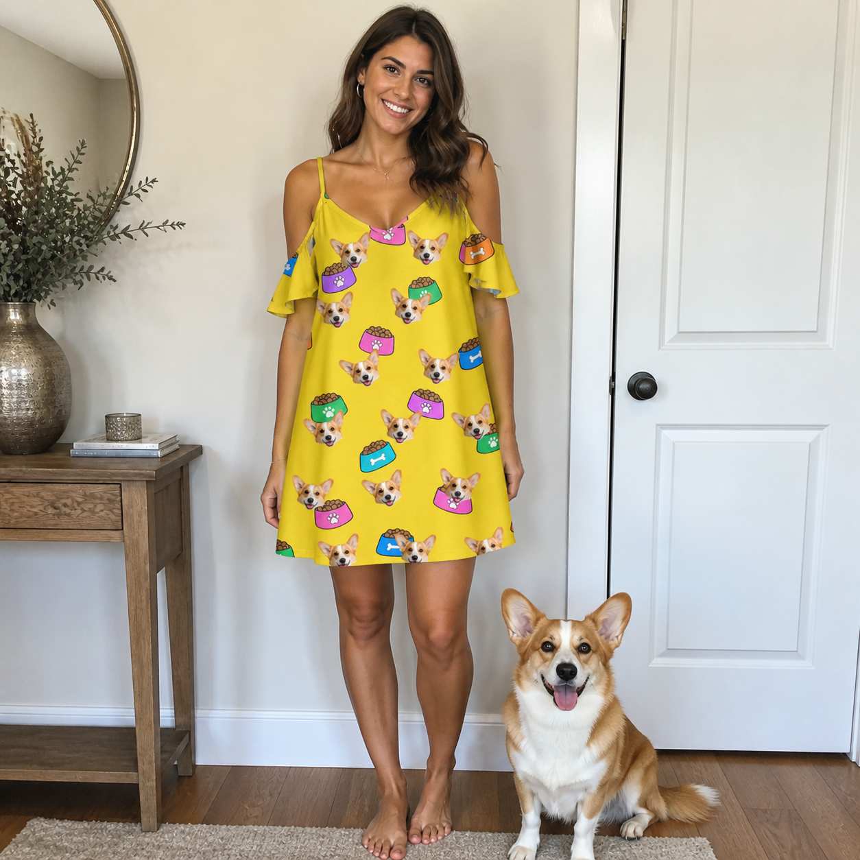 Full-length photo with the pet printed all over this Women's Chow Hounds Custom Dog Face Off-Shoulder Dress