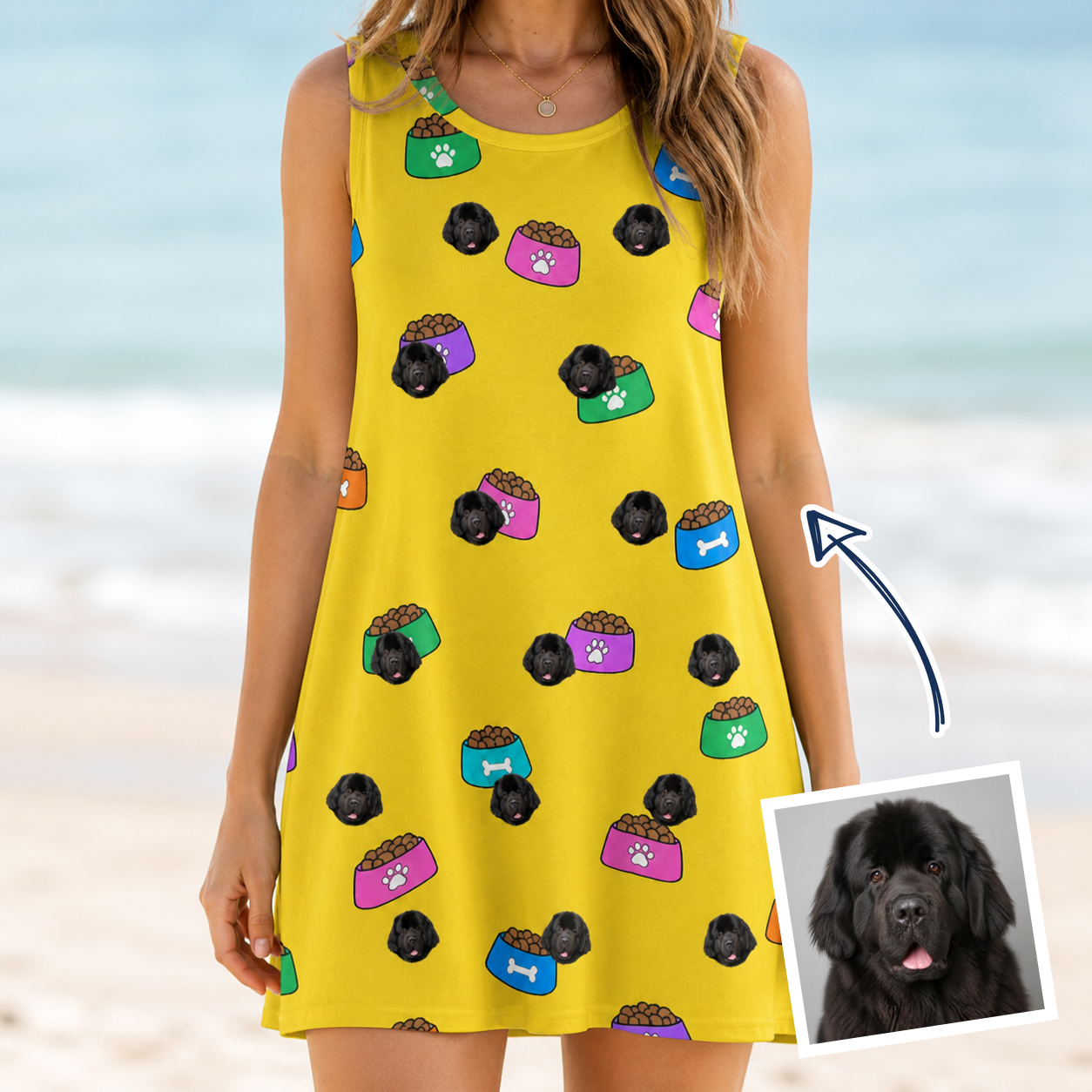 Woman wearing Women's Chow Hounds Custom Dog Face Tank Dress — custom faces printed all-over