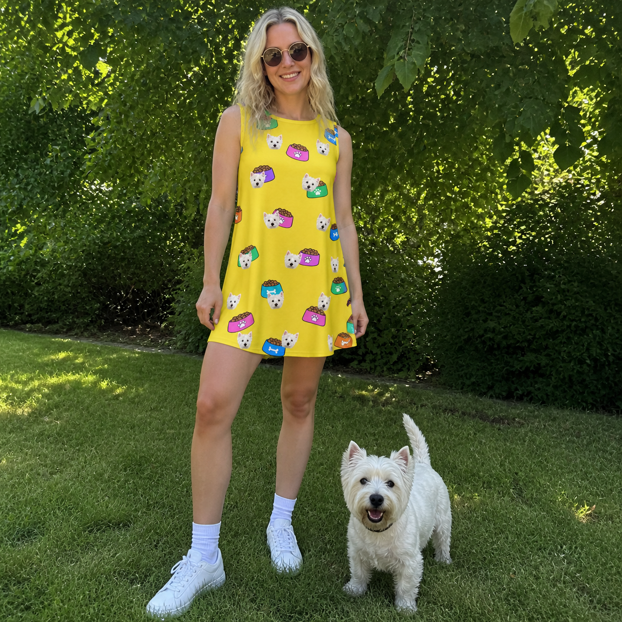 Full-length photo with the pet printed all over this Women's Chow Hounds Custom Dog Face Tank Dress