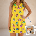 Woman wearing Women's Chow Hounds Custom Dog Face V-Neck Dress — custom faces printed all-over
