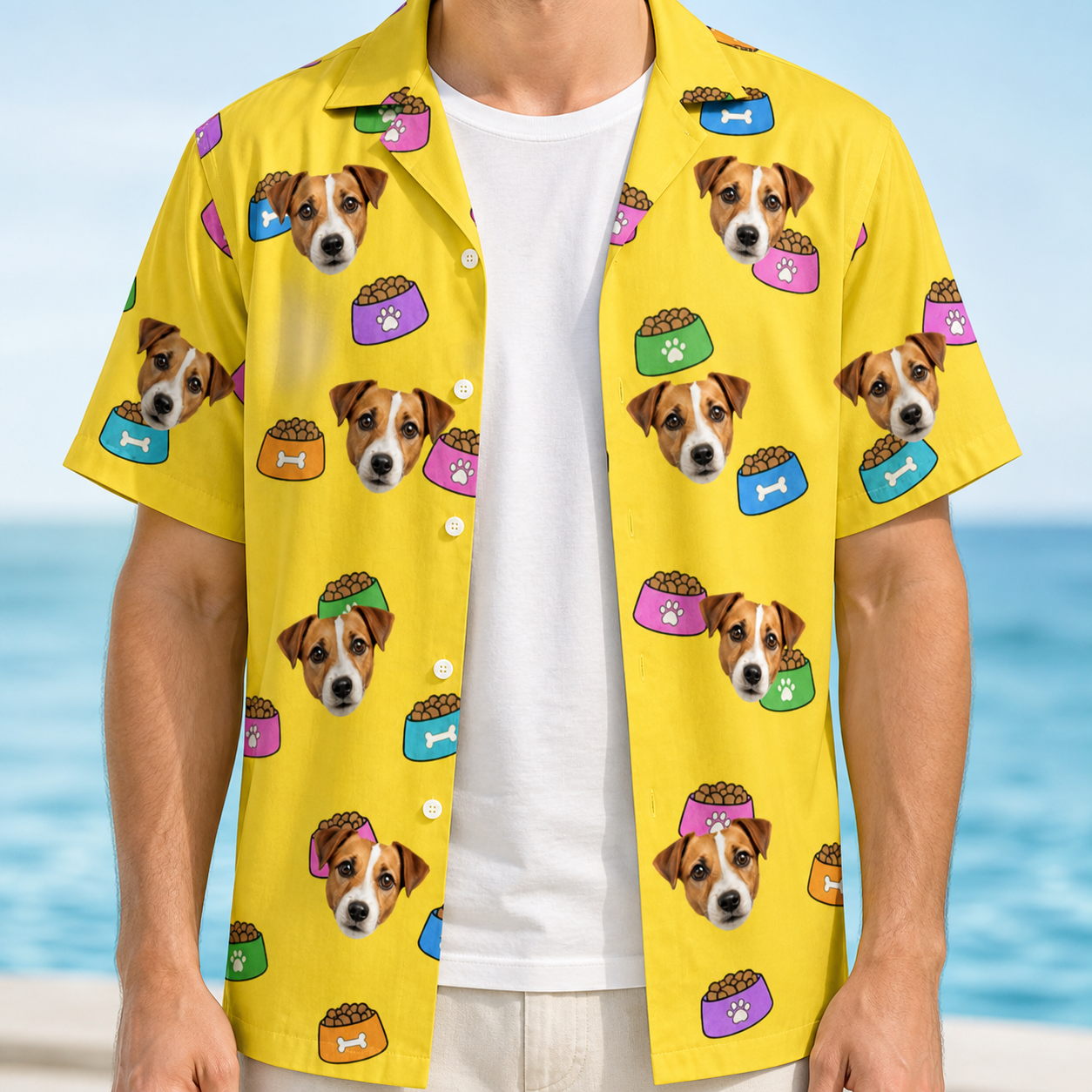 Man wearing Men's Chow Hounds Custom Dog Face Hawaiian Shirt open over a white tee