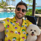 Selfie with the pet whose face is printed all over this Men's Chow Hounds Custom Dog Face Hawaiian Shirt