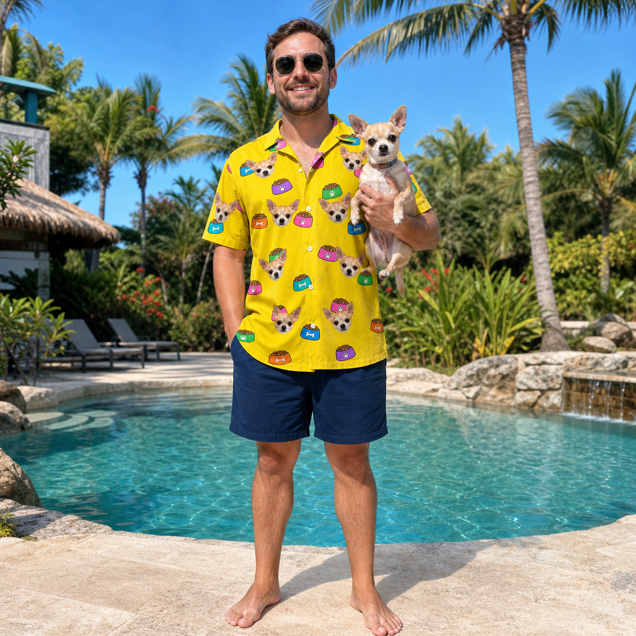Full-length photo with the pet printed all over this Men's Chow Hounds Custom Dog Face Hawaiian Shirt