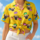 Woman wearing Women's Chow Hounds Custom Dog Face Hawaiian Shirt tied at the waist
