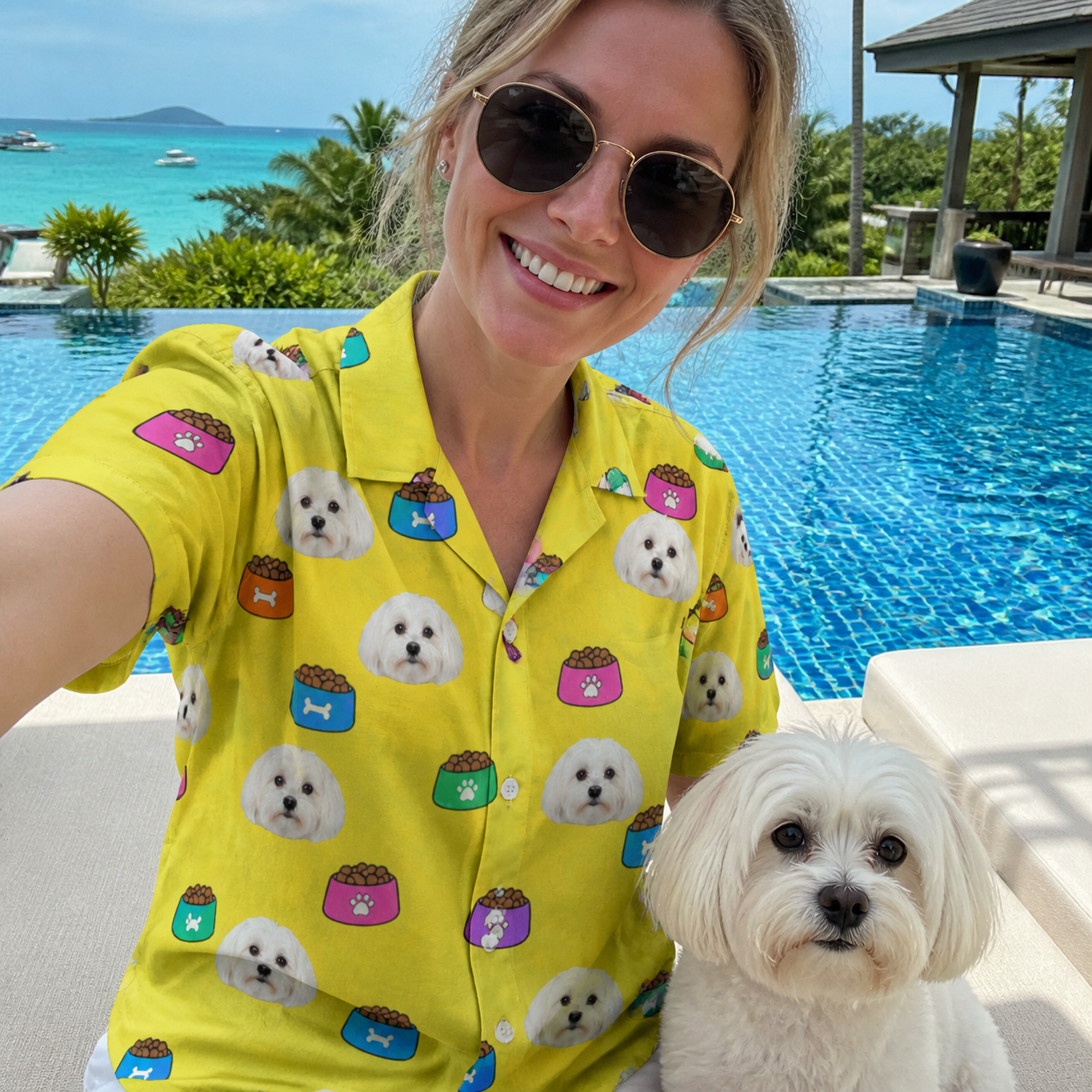 Selfie with the pet whose face is printed all over this Women's Chow Hounds Custom Dog Face Hawaiian Shirt