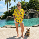 Full-length photo with the pet printed all over this Women's Chow Hounds Custom Dog Face Hawaiian Shirt